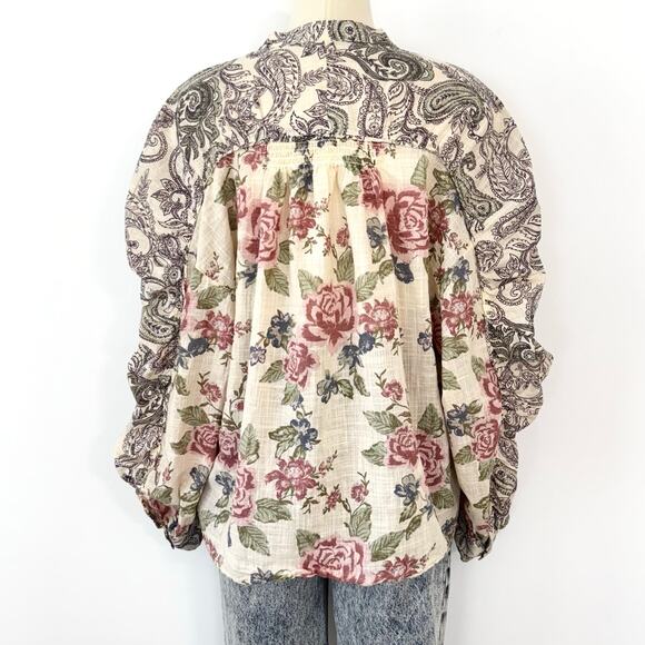 Free People Maraya Floral-Print Puff-Sleeve Top Blouse Button Down Shirt L - Picture 6 of 11